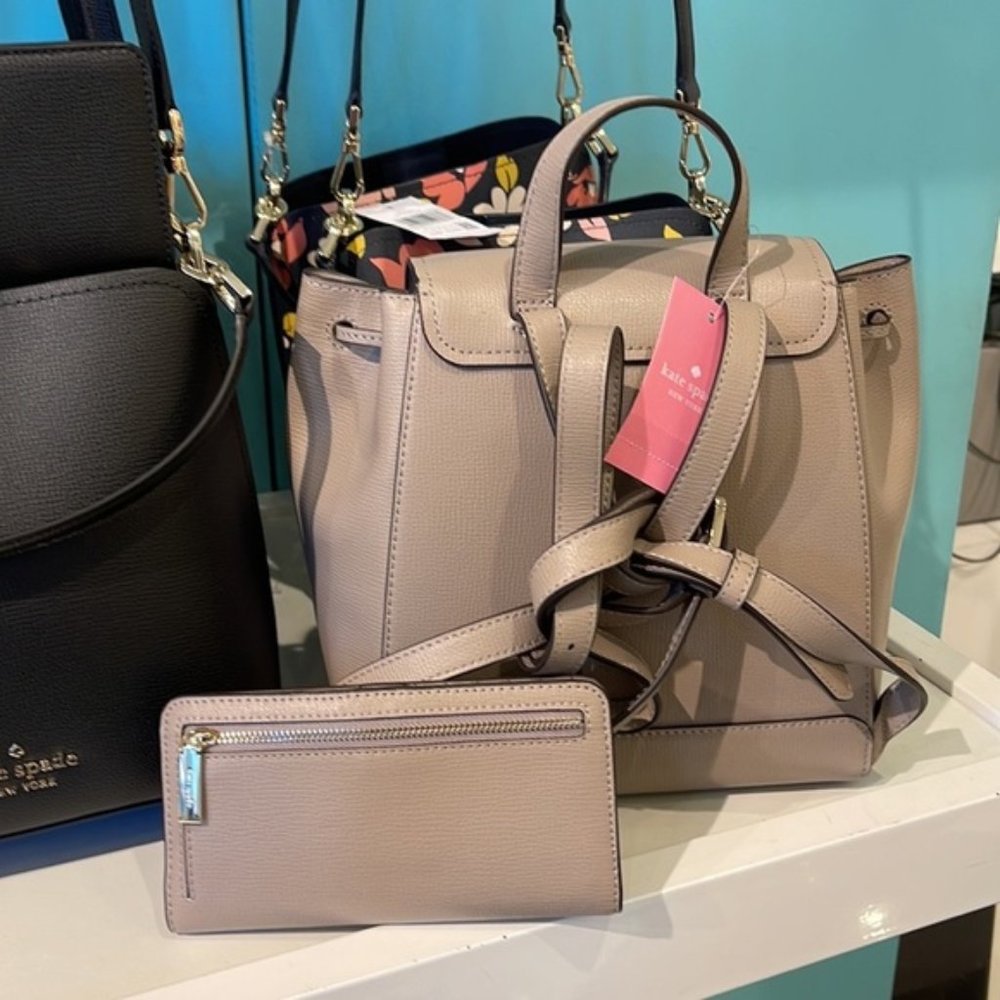 Kate Spade Darcy Flap Backpack & Darcy Large Slim Bifold Wallet Warm Taupe - Picture 5 of 16